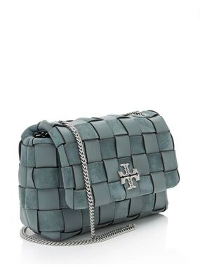 Tory Burch Small Kira Woven Leather-Suede Convertible Shoulder Bag-Arctic Blue
